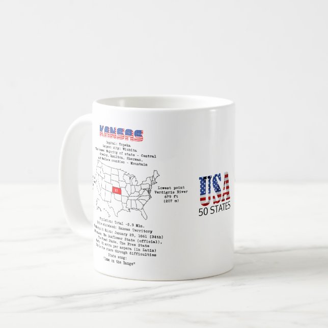 Kansas American state on a map and useful info Coffee Mug (Front Left)