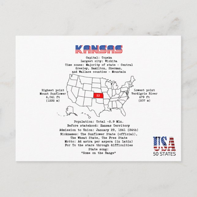 Kansas American state on a map and useful info Holiday Postcard (Front)
