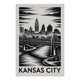 Kansas City Missouri Skyline Black White Woodcut Poster
