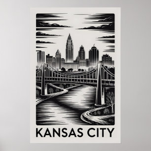 Kansas City Missouri Skyline Black White Woodcut Poster