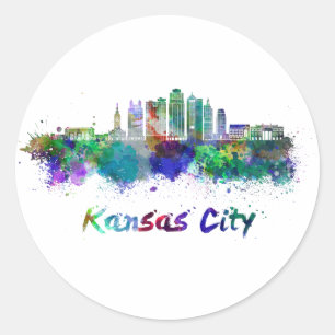 Kansas City V2  skyline in watercolor Classic Round Sticker