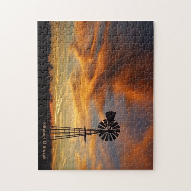 Kansas Golden Sky with a Windmill Silhouette Jigsaw Puzzle (Vertical)