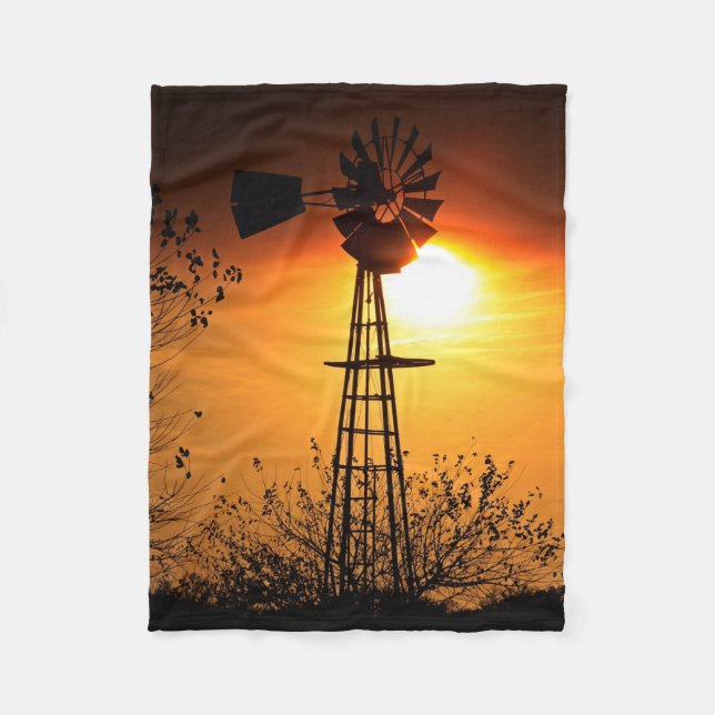 Kansas Golden Sunset with a Windmill silhouette Fleece Blanket (Front)
