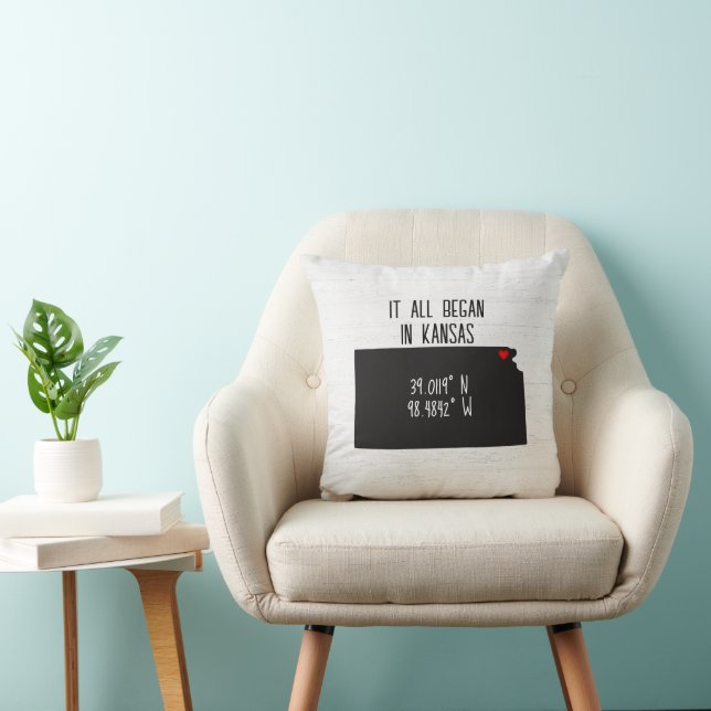 Kansas GPS Coordinates with Heart Throw Pillow (Chair)