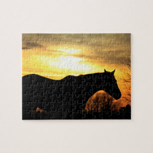 Kansas Horse silhouette  Golden Orange Sunset Jigsaw Puzzle