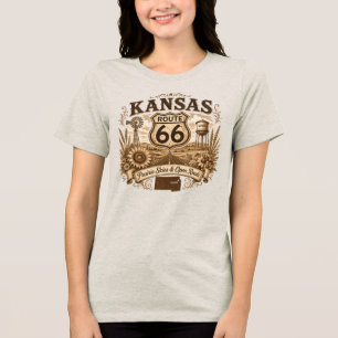 Kansas Prairie Skies Sunflowers Retro Sepia Route Tri-Blend Shirt