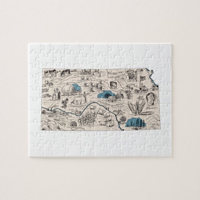 Kansas Shaped Kansan Vintage Picture Map Jigsaw Puzzle (Horizontal)