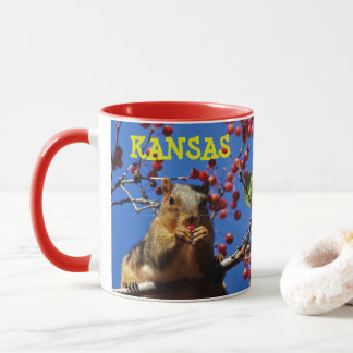 Kansas Squirrel eating a red Berry Coffee Mug