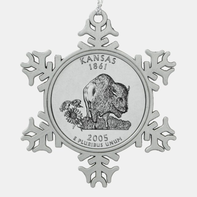 Kansas State Quarter Snowflake Pewter Christmas Ornament (Front)