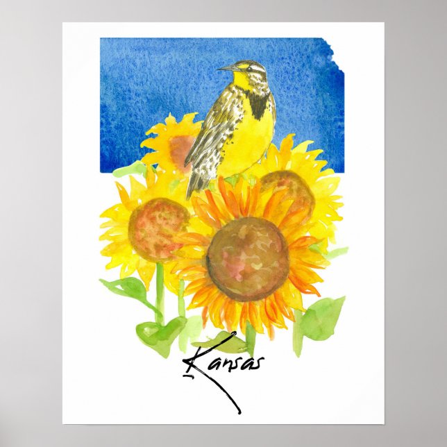 Kansas State Shape Meadowlark Sunflowers  Poster (Front)