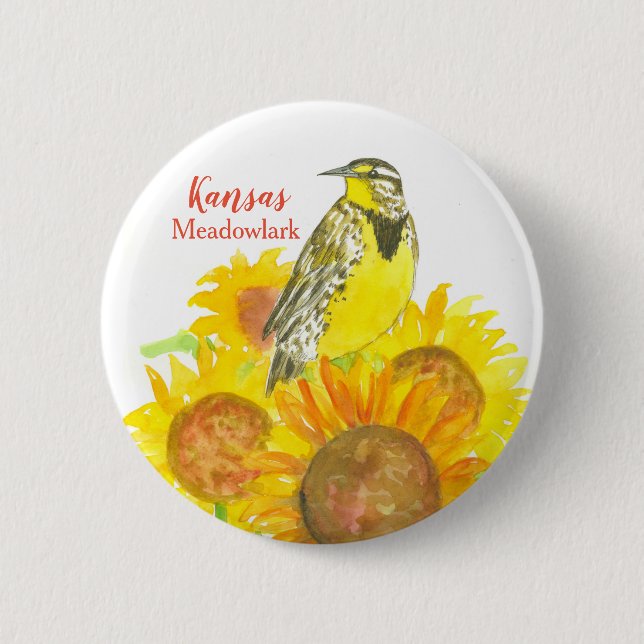 Kansas Sunflower Field Meadowlark Bird 2 Inch Round Button (Front)