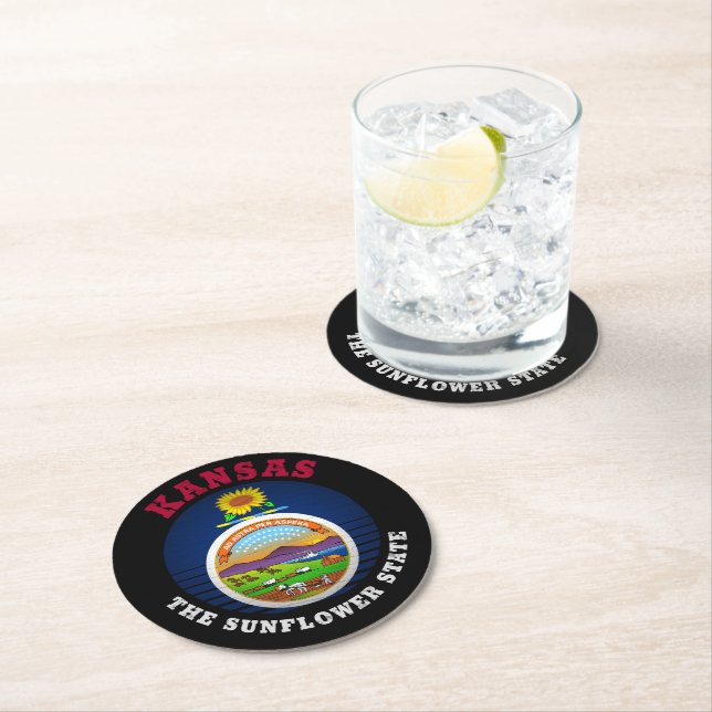 KANSAS SUNFLOWER STATE FLAG ROUND PAPER COASTER (Insitu)