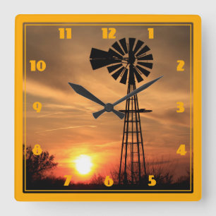 Kansas Windmill Silhouette Sunset Square Wall Clock
