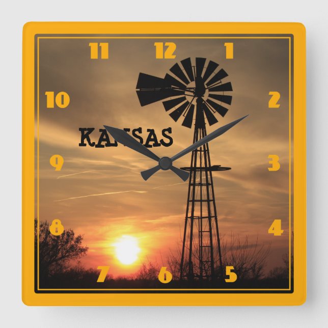 Kansas Windmill Silhouette Sunset Square Wall Clock (Front)