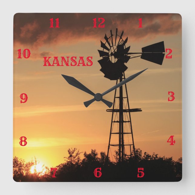 Kansas Windmill Silhouette Sunset Square Wall Clock (Front)