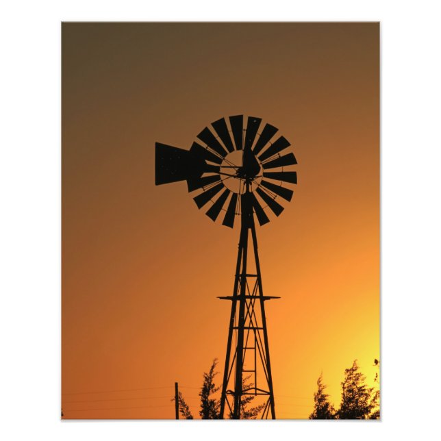 Kansas Windmill Silhouette Sunset with clouds Phot Photo Print (Front)