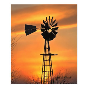 Kansas Windmill Silhouette Sunset with clouds Photo Print