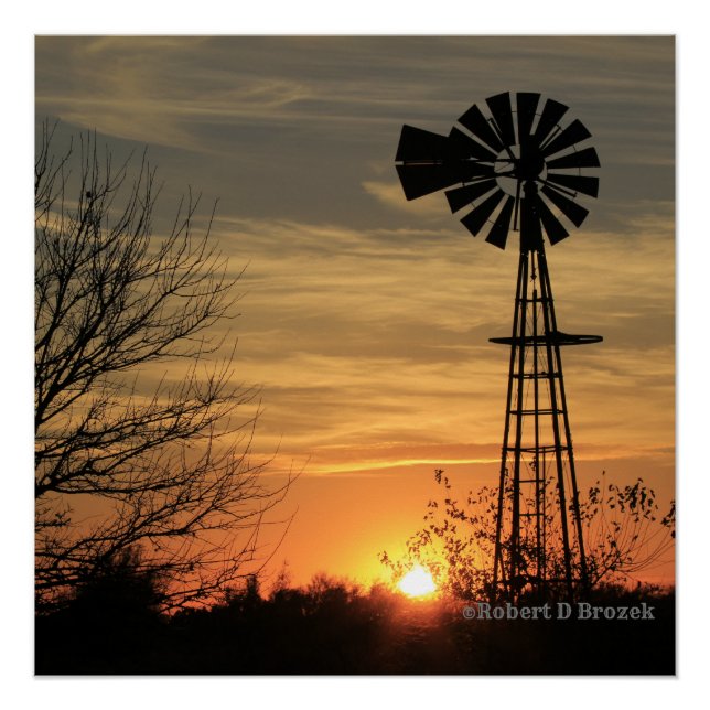 Kansas Windmill Sunset Glossy Poster (Front)