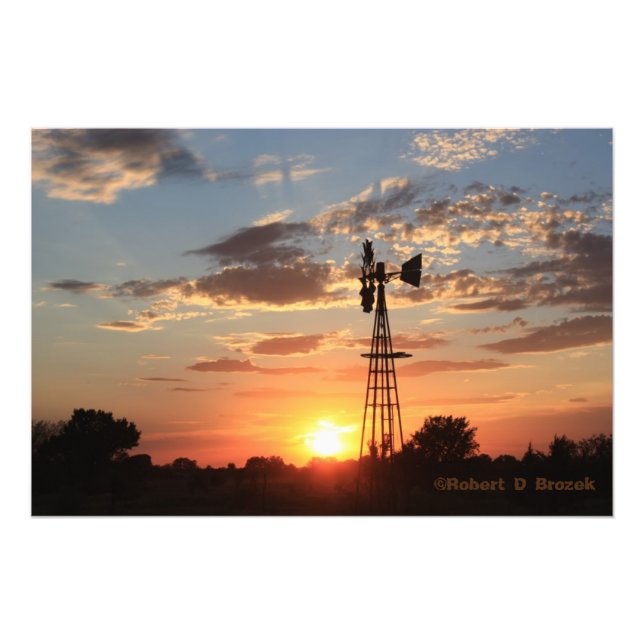 Kansas Windmill Sunset with clouds Photo/Poster Photo Print (Front)