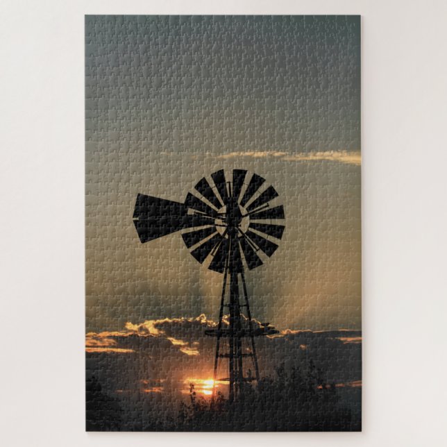 Kansas Windmill Sunset With Sun Rays Jigsaw Puzzle (Vertical)