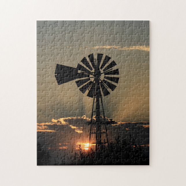 Kansas Windmill Sunset With Sun Rays Jigsaw Puzzle (Vertical)