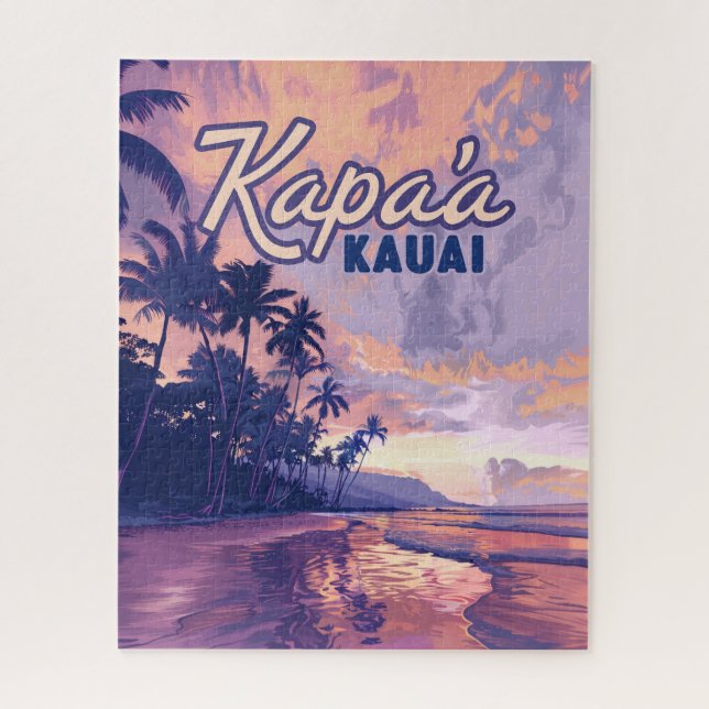 Kapaa Kauai Hawaii Beach Sunset Palm Tree Retro Jigsaw Puzzle (Vertical)