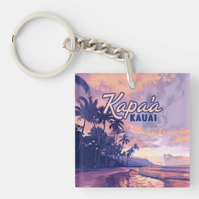 Kapaa Kauai Hawaii Beach Sunset Palm Tree Retro Keychain (Front)