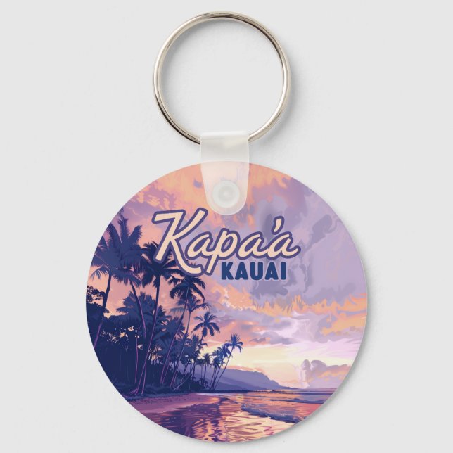 Kapaa Kauai Hawaii Beach Sunset Palm Tree Retro Keychain (Front)