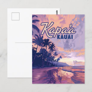 Kapaa Kauai Hawaii Beach Sunset Palm Tree Retro Postcard