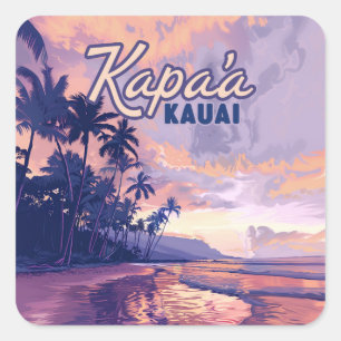 Kapaa Kauai Hawaii Beach Sunset Palm Tree Retro Square Sticker