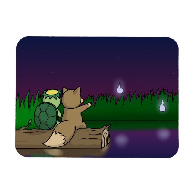 Kappa and Kitsune Sitting at a Pond Magnet (Horizontal)