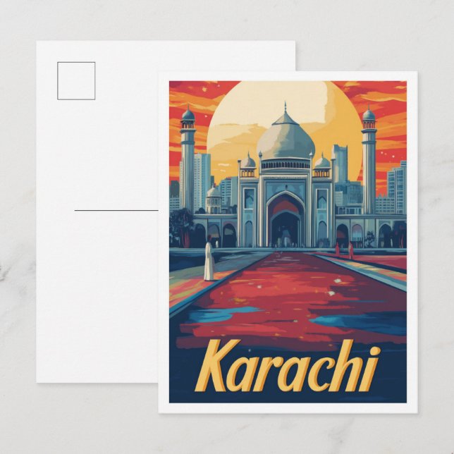 Karachi Pakistan Art Vintage Travel Illustration Postcard (Front/Back)