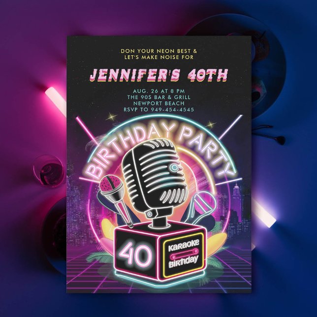 Karaoke 90s Neon Glow Millennial 40th Birthday Invitation (karaoke neon glow 40th birthday invitation 90s millennial arcade)