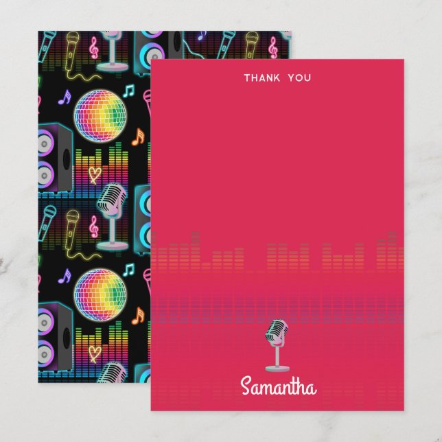 Karaoke Glow Singing Music Custom Name Thank You Card (Front/Back)