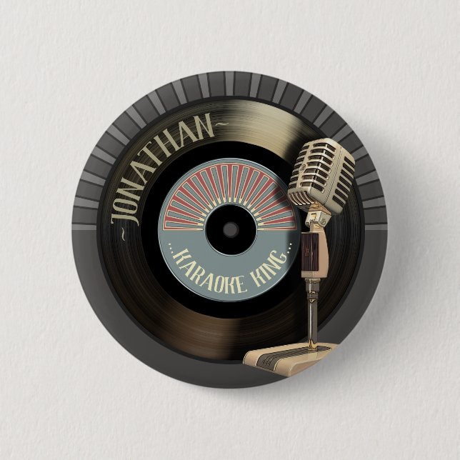 Karaoke King Retro Mic And Record 2 Inch Round Button (Front)