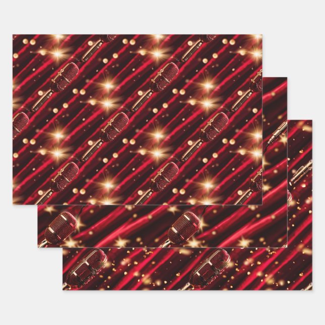 Karaoke microphone nigh stars red velvet curtain wrapping paper sheet (Set)