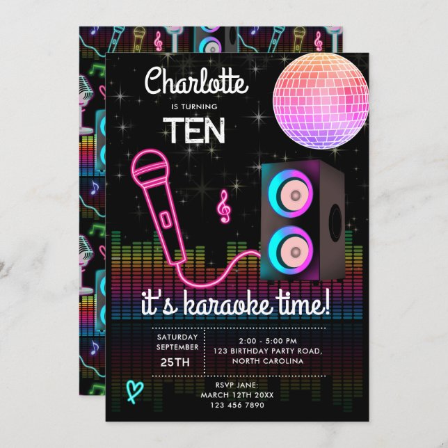 Karaoke Neon Glow Singing Disco Party Birthday Invitation (Front/Back)