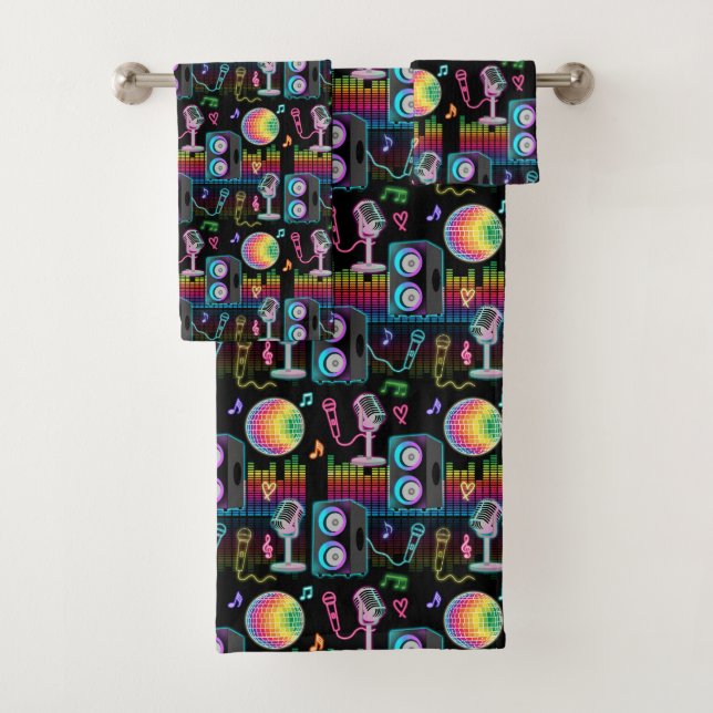 Karaoke Neon Glow Singing Music Party Bath Towel Set (Insitu)