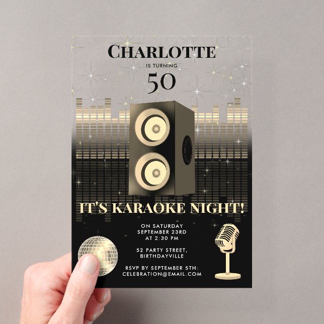 Karaoke Night Black Gold 50th Disco Birthday Party Acrylic Invitations (Insitu (Handheld))
