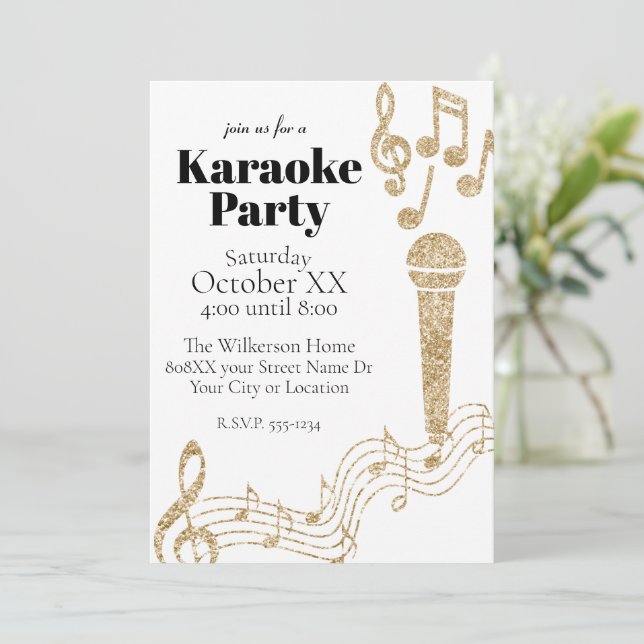 Karaoke Party Gold Glitter Music Notes on White Invitation (Standing Front)