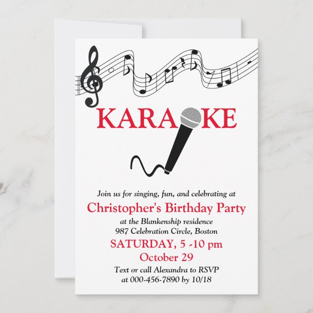 Karaoke Party Musical Scale Microphone Red Invitation (Front)