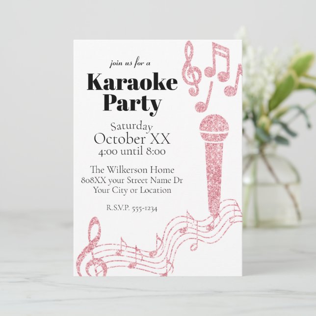 Karaoke Party Pink Glitter Music Notes on White Invitation (Standing Front)