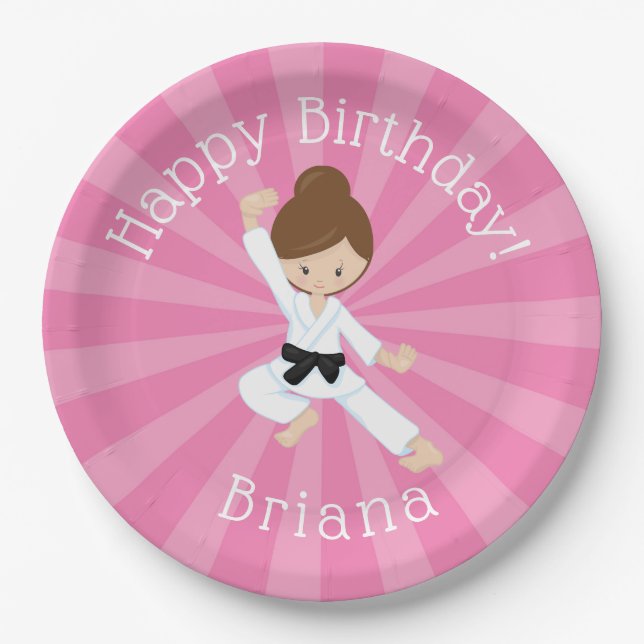 Karate Birthday Party Girl Pink Paper Plate (Front)