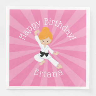 Karate Birthday Party Red Hair Girl Pink Napkin