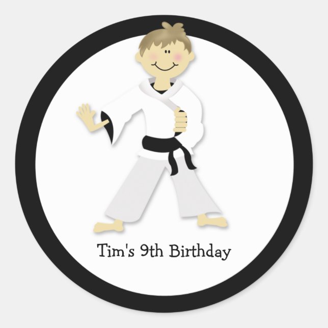 KARATE BOY Blackbelt Birthday Party Favour Sticker (Front)