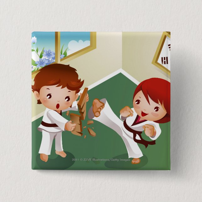 Karate boy holding wood with another breaking it 2 inch square button (Front)