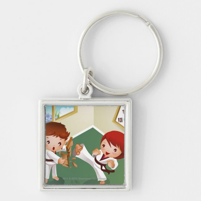 Karate boy holding wood with another breaking it keychain (Front)