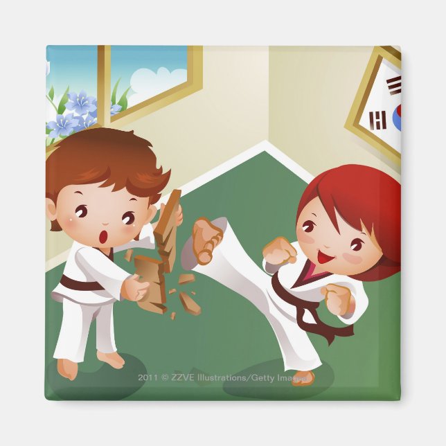 Karate boy holding wood with another breaking it magnet (Front)