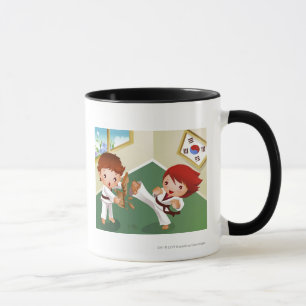 Karate boy holding wood with another breaking it mug