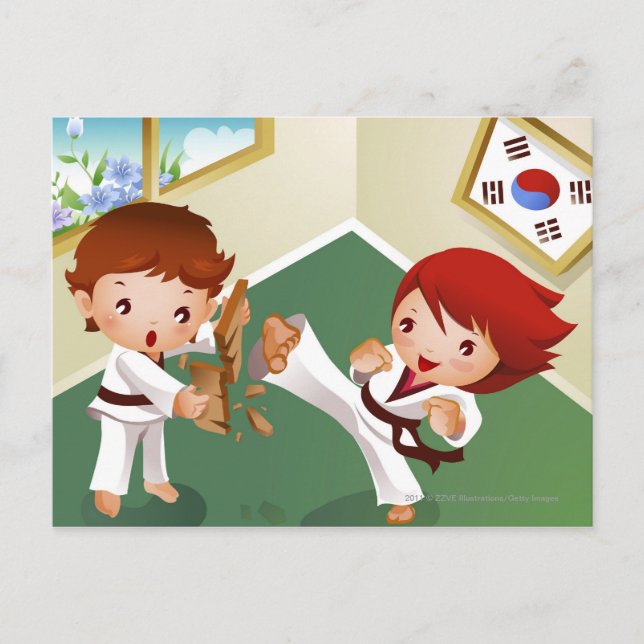 Karate boy holding wood with another breaking it postcard (Front)